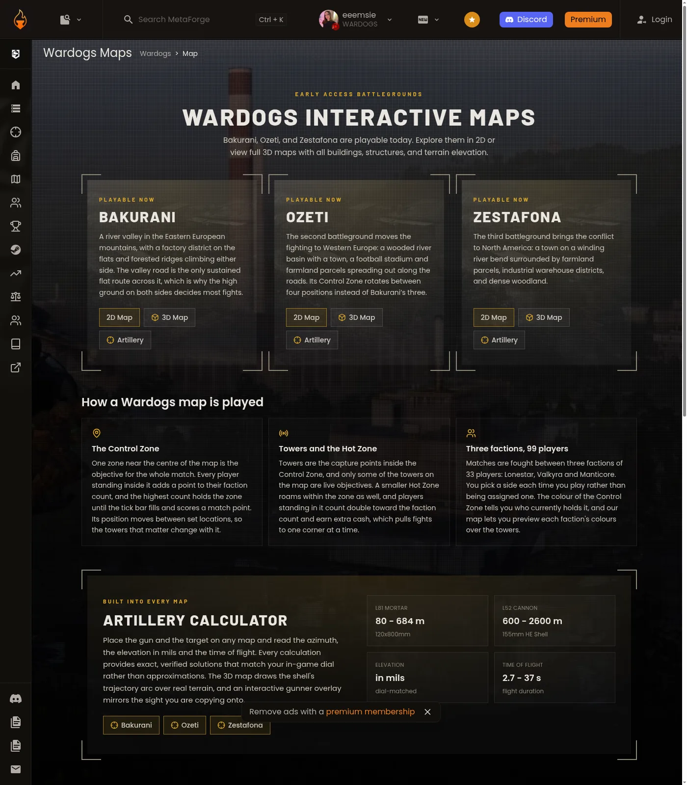 MetaForge WARDOGS interactive maps hub — Bakurani / Ozeti / Zestafona cards (public page, not live client) — captured 2026-09-13