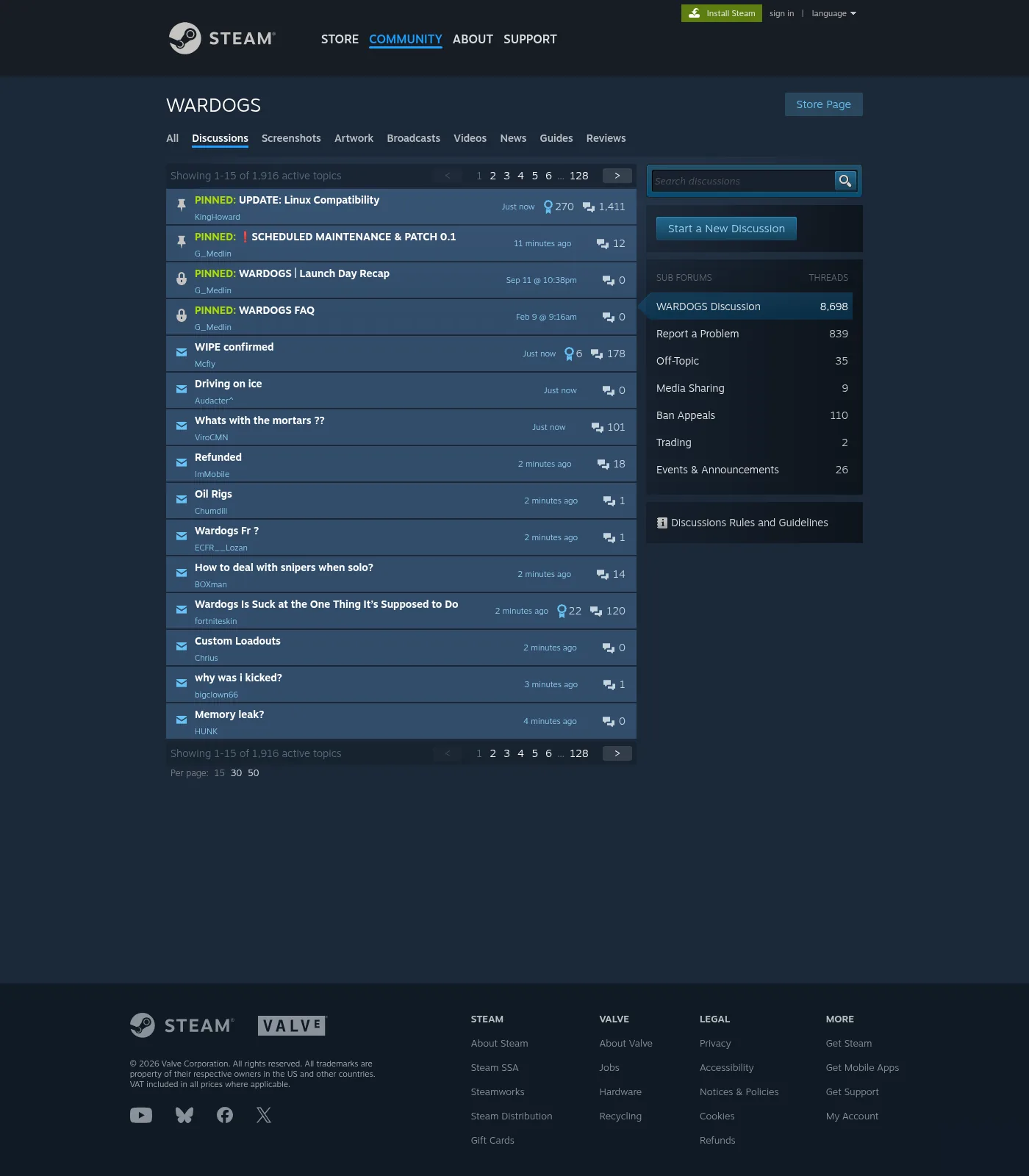 Steam discussions pinned row including SCHEDULED MAINTENANCE & PATCH 0.1 / Hotfix context (public Steam page, not live queue UI) — 2026-09-13